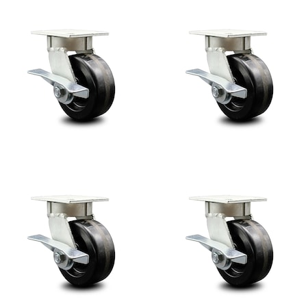 Service Caster 5 Inch Kingpinless Phenolic Wheel Swivel Caster Set with Brakes SCC-KP30S520-PHR-SLB-4